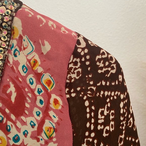 batik boho chiffon silk beaded top bohemian v neck blouse - Picture 11 of 16